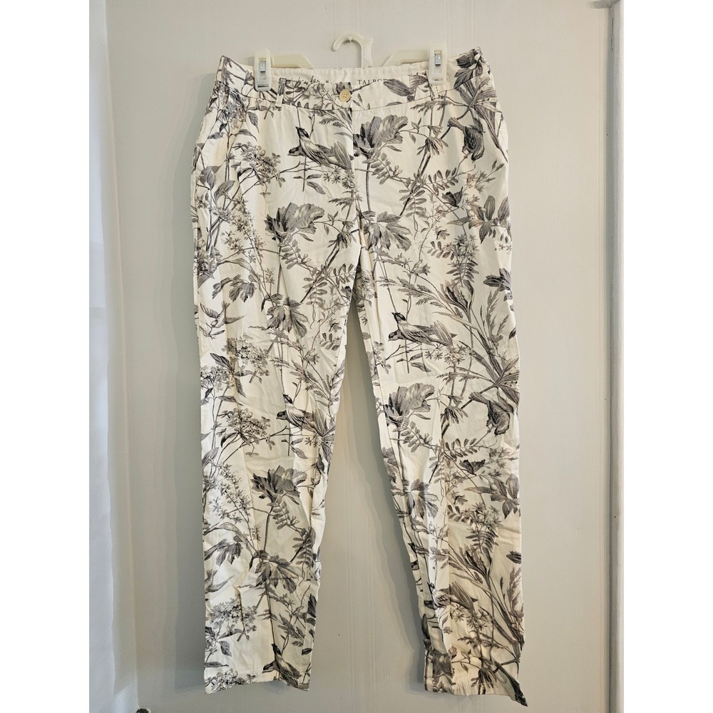 Talbots The Weekender Toile Bird Floral botanical Chino Pants Ivory Gray Size 8